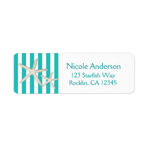 White Starfish Teal Turquoise Striped Beach Label