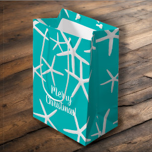 White Starfish Tropical Christmas Turquoise Medium Gift Bag