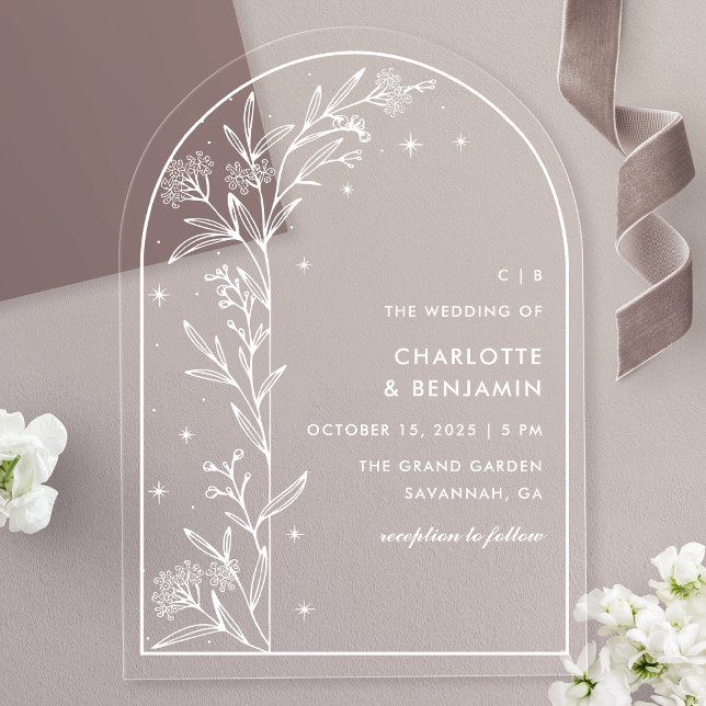 White Starry Celestial Arch Botanical Wedding Acrylic Invitations (Creator Uploaded)