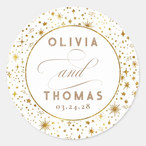 White Starry Night Themed Wedding Classic Round Sticker