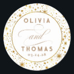 White Starry Night Themed Wedding Classic Round Sticker<br><div class="desc">Starry night celestial wedding white stickers</div>