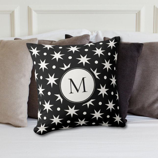 White Stars And Dots On Black Monogram  Throw Pillow (Creator Uploaded)