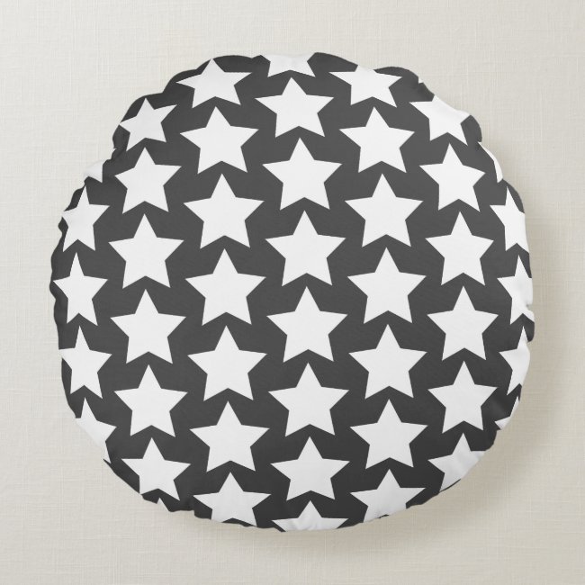 White Stars - Charcoal Grey Round Pillow