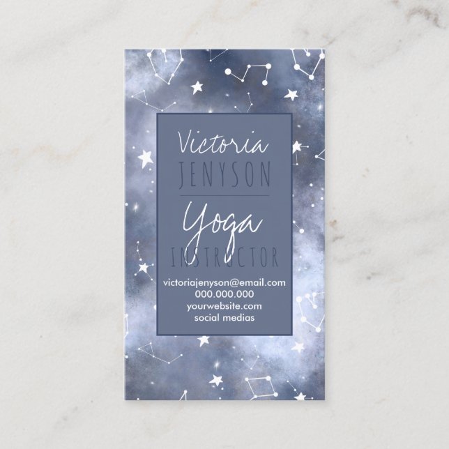 White stars constellation grey blue nebula yoga business card (Front)