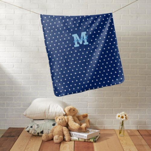 White Stars Monogrammed Warm Cozy Soft Navy Blue Baby Blanket