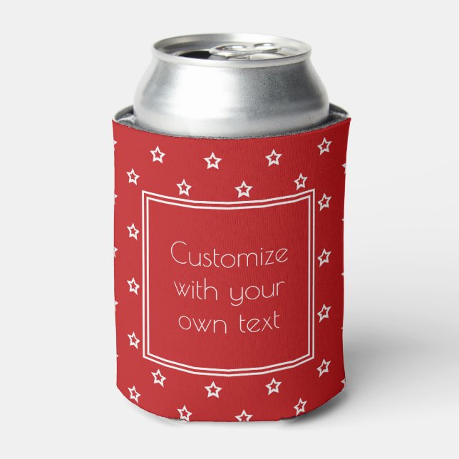 White Stars on Bright Red Custom Text Can Cooler (Can Front)