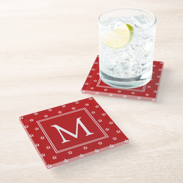 White Stars on Bright Red Monogram Glass Coaster (Angled)