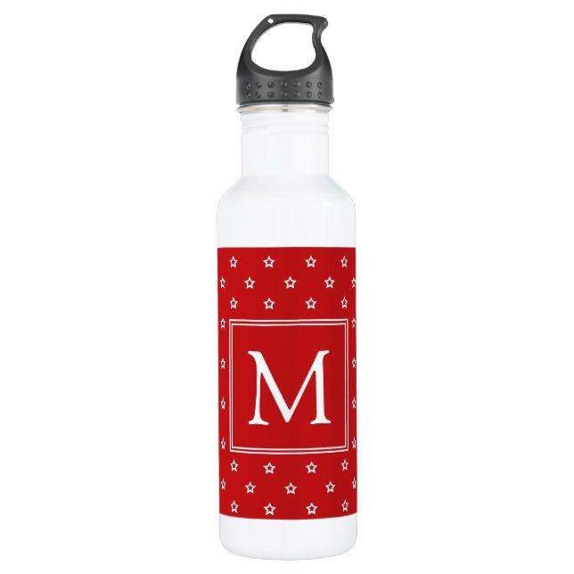White Stars on Bright Red Monogram Stainless Steel Water Bottle (Front)
