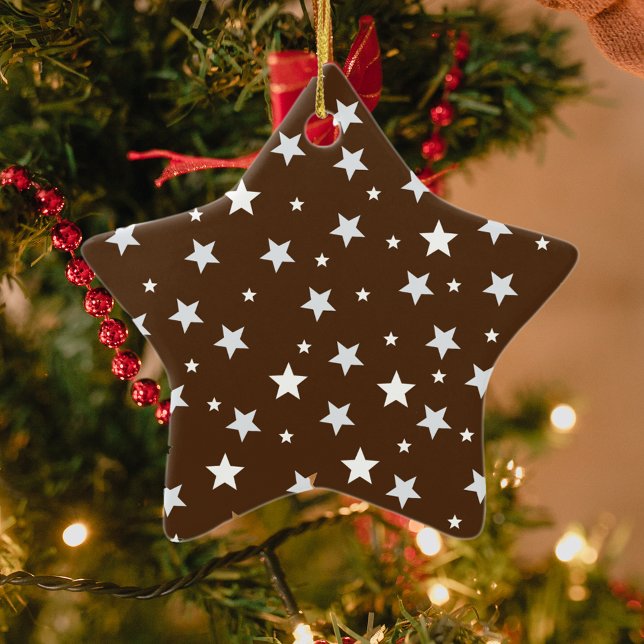 White Stars on Brown Christmas Holidays  Ceramic Ornament (Creator Uploaded)
