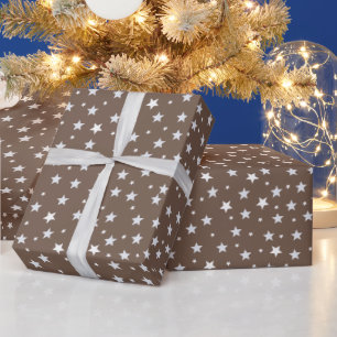 White Stars on Brown Christmas Holidays Wrapping Paper