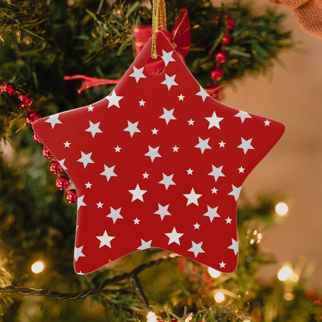 White Stars on Red Christmas Holidays Ceramic Ornament (Creator Uploaded)