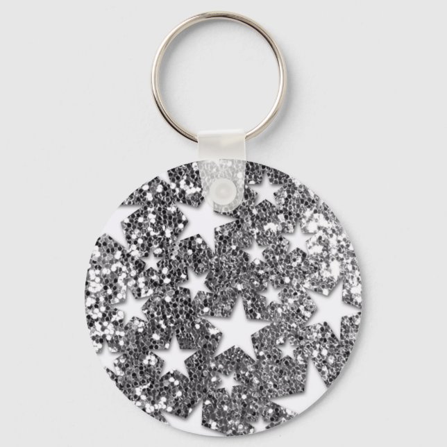 White Stars on Silver Glitter Look Keychain (Front)