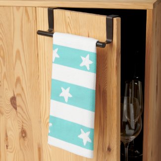 White Stars on Turquoise Stripes Kitchen Towels