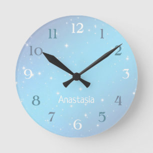 White Stars Over Colorful Sky With Name Round Clock