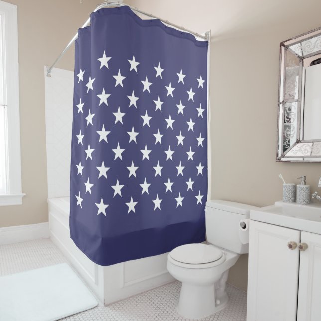White Stars Patriotic American Flag Pattern Shower Curtain (In Situ)