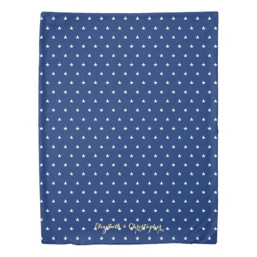 White Stars Pattern Gold Monogram USA Flag Blue Duvet Cover