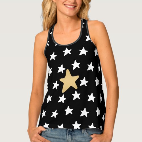 White Stars Pattern Gold Star Accent Tank Top