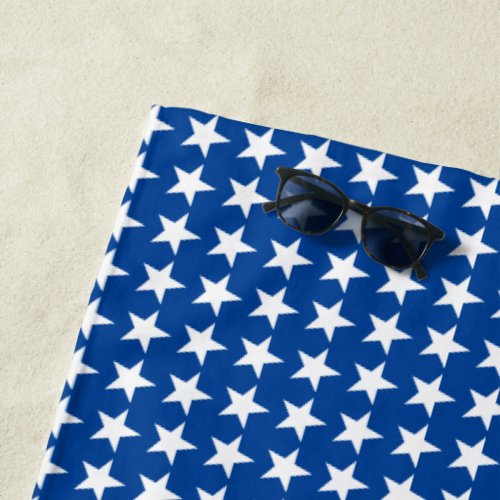 White Stars Pattern on Blue American Flag Theme Beach Towel