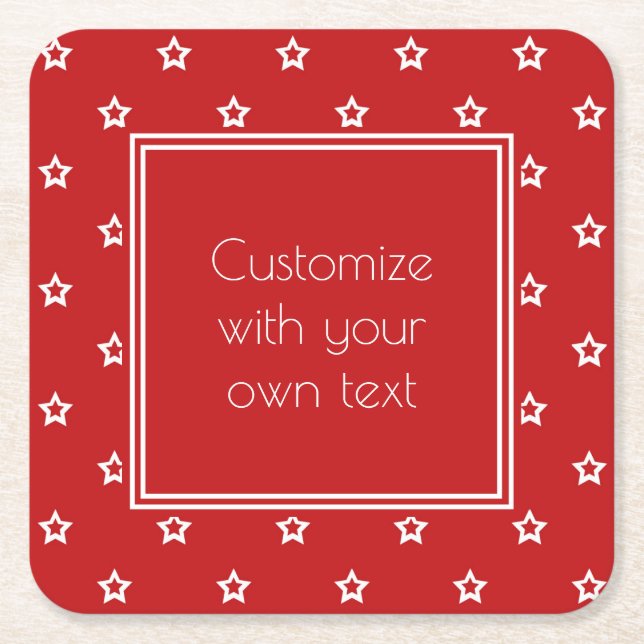 White Stars Pattern on Bright Red Custom Text Square Paper Coaster (Front)