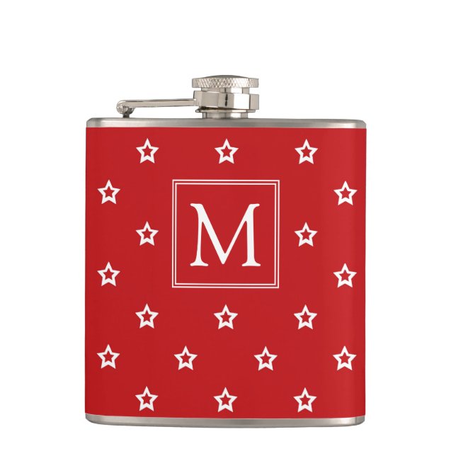 White Stars Pattern on Bright Red Monogram Flask (Front)