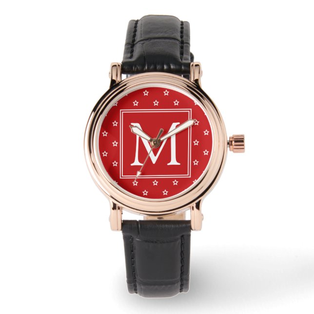 White Stars Pattern on Bright Red Monogram Watch (Front)