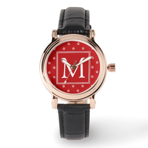 White Stars Pattern on Bright Red Monogram Watch