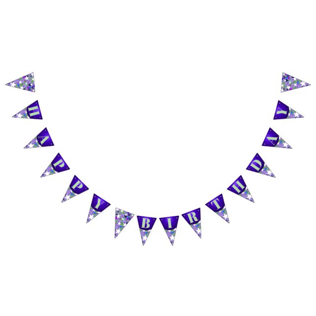 White Stars Purple Mint Green Happy Birthday Fun Bunting Flags (All)