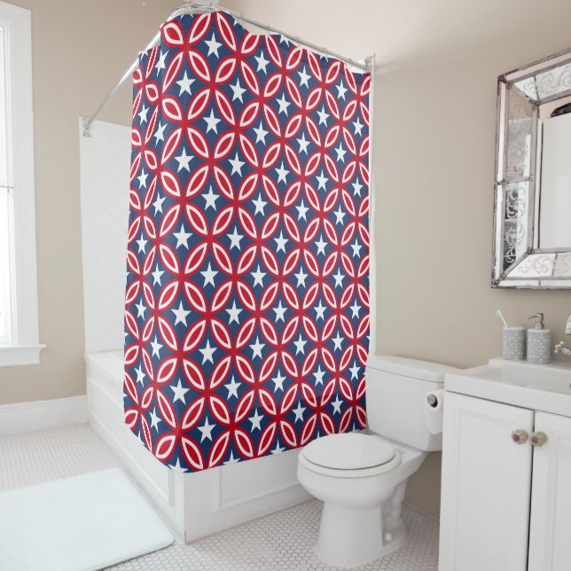 White Stars Red Circles Shower Curtains (In Situ)