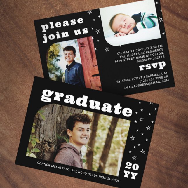 White Stars Retro Photo Graduation Invitation (Creator Uploaded)
