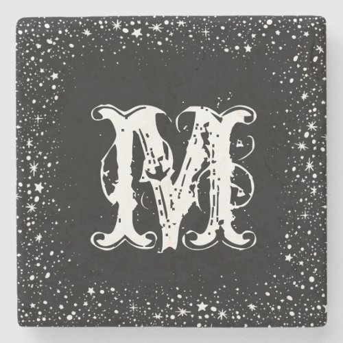 White Stars  Sparkles Frame Black Background Stone Coaster