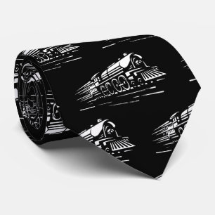 White Steam Train Engine on Black Neck Tie