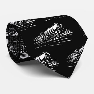 White Steam Train Engine on Black  Neck Tie