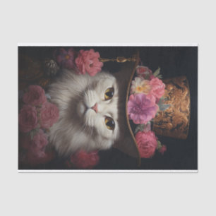 White Steampunk Cat, Roses, Decoupage Tissue Paper