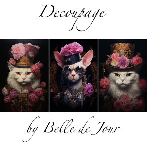 White Steampunk Cats, Roses, Decoupage Wrapping Paper Sheets