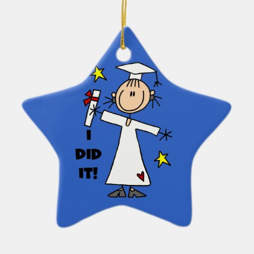 White Stick Figure Girl Graduate on Blue Ceramic Ornament