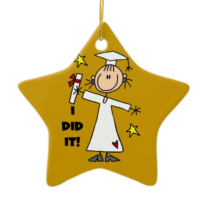 White Stick Figure Girl Graduate on Gold Christmas Tree Ornament