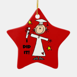 White Stick Figure Girl Graduate on Red Ceramic Ornament