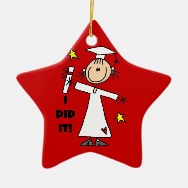 White Stick Figure Girl Graduate on Red Ceramic Ornament (Front)