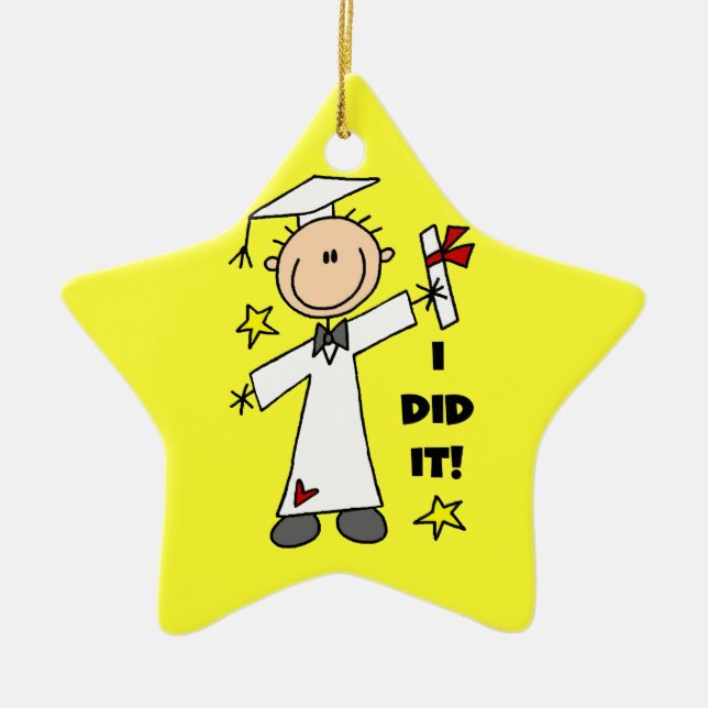White Stick Figure Male Graduate on Yellow Ceramic Ornament (Front)