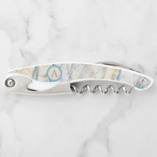 White Stone Marble Blue Glitter Monogram Waiter's Corkscrew