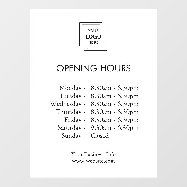 White Store Hours | Business Logo Opening Times Window Cling (Sheet)