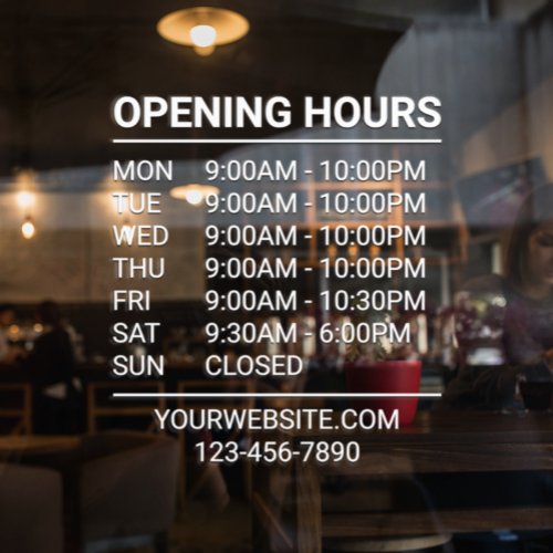 White Store Hours Sign Website Phone Window Cling