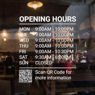 White Store Hours Sign with QR Code Window Cling