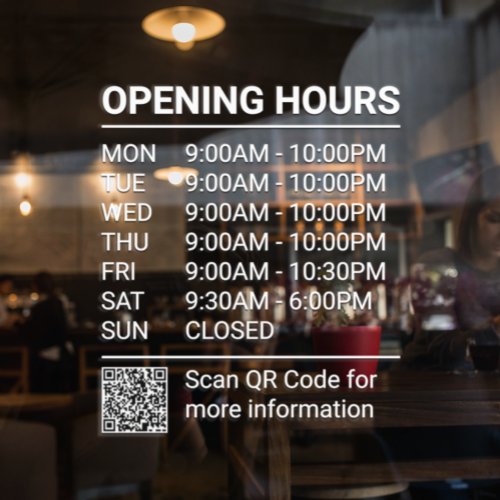 White Store Hours Sign with QR Code Window Cling