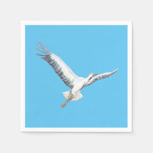 White stork flying - blue background napkins