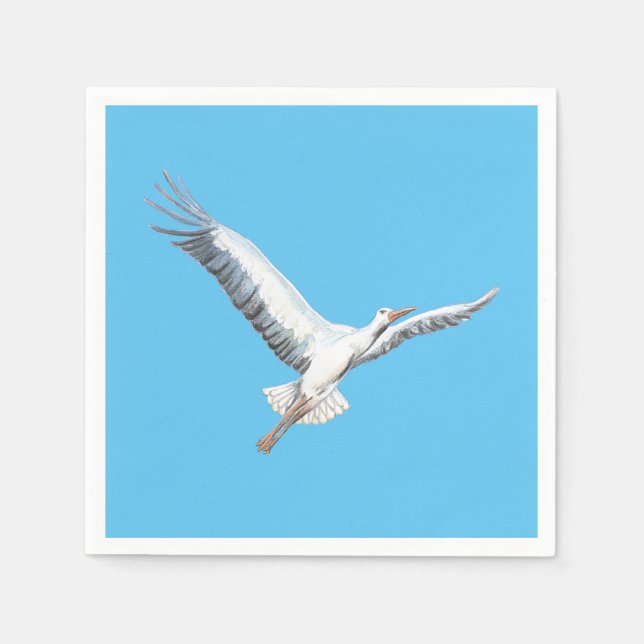 White stork flying  - blue background napkins (Front)