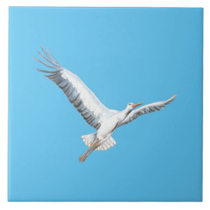 White stork flying ceramic tile