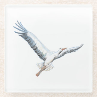 White stork flying glass coaster