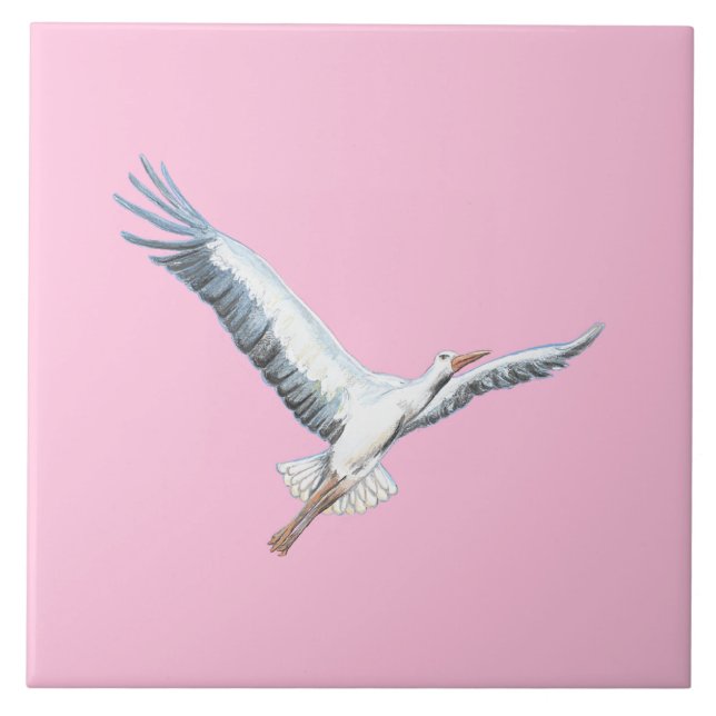 White stork flying pastel pink ceramic tile (Front)