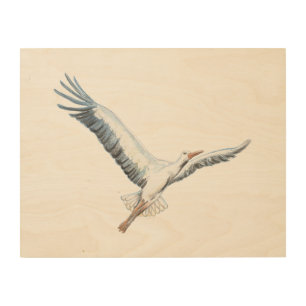 White stork flying wood wall art
